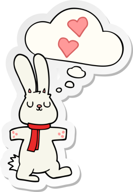 Düşünce baloncuğuna aşık çizgi film tavşanı insan tarafından çizilmiş bir çıkartma gibi