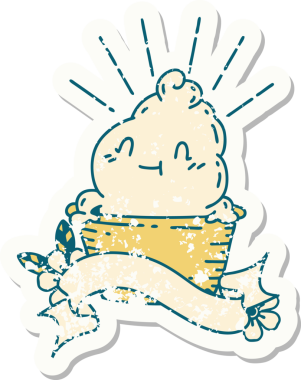 Bir insan tarafından çizilmiş dövmeli dondurma karakterinin eski bir çıkartması.