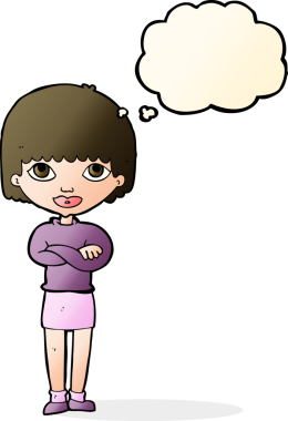 Bir insan tarafından çizilmiş düşünce balonuyla kollarını kavuşturmuş çizgi film kadını.