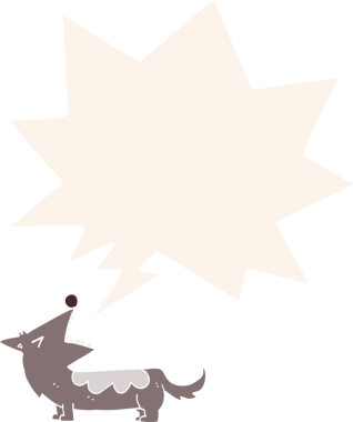 Konuşma baloncuğu olan bir insan tarafından çizilmiş bir çizgi film köpeği.