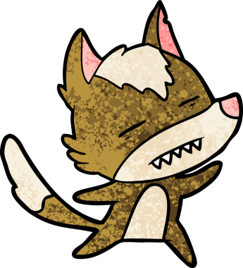 Bir insan tarafından çizilmiş dans ederken dişlerini gösteren bir kurt çizgi filmi.