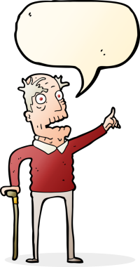 Bir insan tarafından çizilmiş konuşma balonuyla yürüyen yaşlı bir adam.