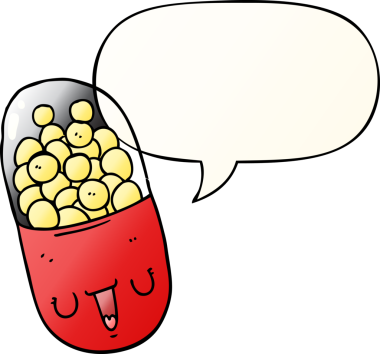 bir insan tarafından çizilmiş, konuşma baloncuklu karikatür tıp hapı.