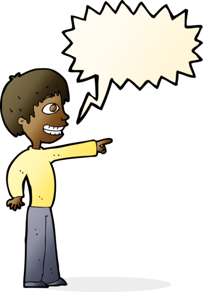 Bir insan tarafından çizilmiş konuşma balonuyla işaret eden sırıtan çocuk.