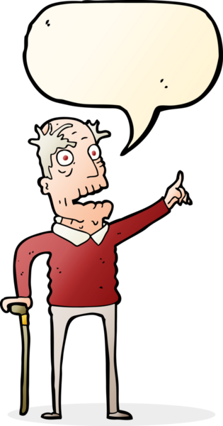 Bir insan tarafından çizilmiş konuşma balonuyla yürüyen yaşlı bir adam.