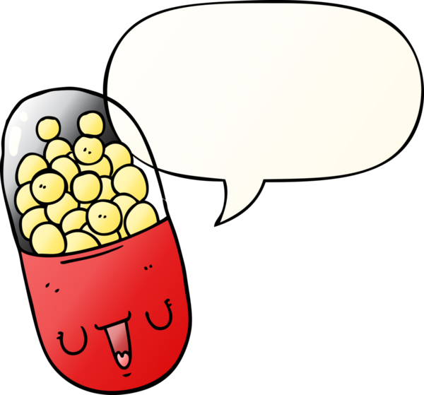 bir insan tarafından çizilmiş, konuşma baloncuklu karikatür tıp hapı.