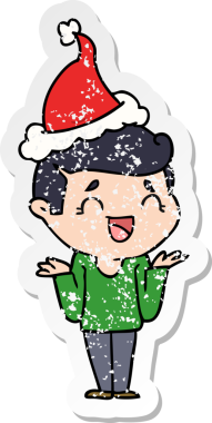 Bir insan tarafından çizilmiş, kafası karışmış, Noel Baba şapkası takmış, gülen bir adamın el çizimi karikatürü.