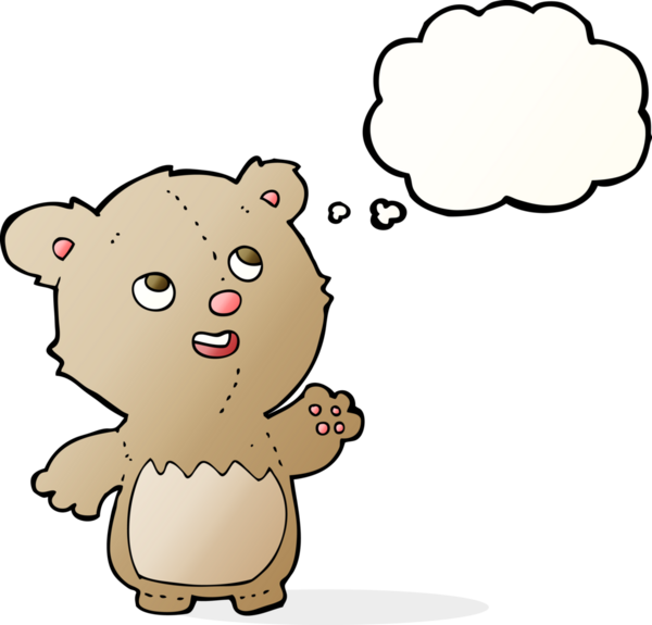 Bir insan tarafından çizilmiş düşünce baloncuğu olan mutlu küçük oyuncak ayı.