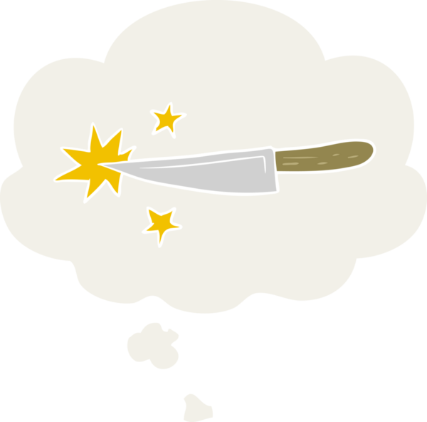 Düşünce baloncuğu olan keskin çizgi film bıçağı insan tarafından çizilmiş.