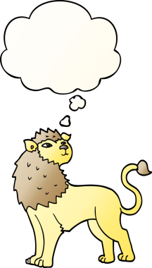 Bir insan tarafından çizilmiş yumuşak eğimli düşünce baloncuklu çizgi film aslanı.