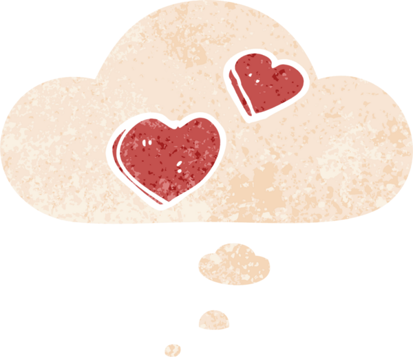 Düşünce baloncuklu karikatür aşk kalpleri bir insan tarafından çizilmiş dertli retro stil