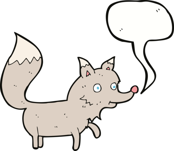 Bir insan tarafından çizilmiş konuşma balonlu bir kurt yavrusu.