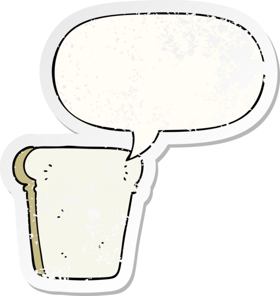 Bir insan tarafından çizilmiş, sıkıntılı, eski bir çıkartma olan, konuşma balonlu bir ekmek dilimi.