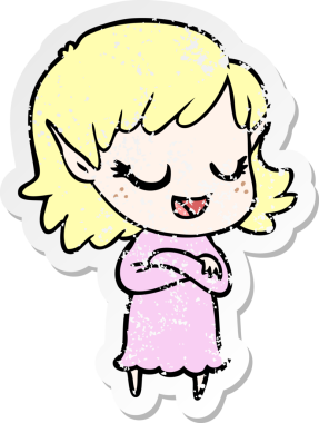 Bir insan tarafından çizilmiş mutlu bir elf kızının sıkıntılı çıkartması.