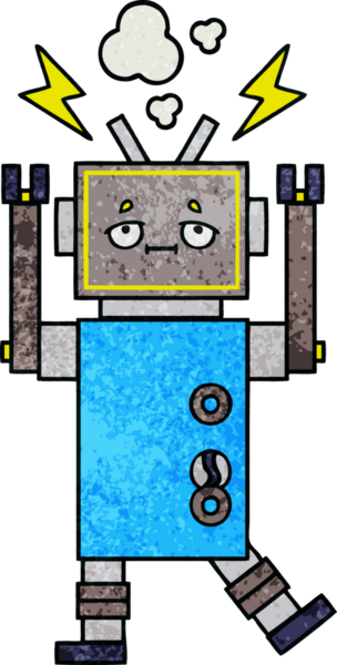 Bir insan tarafından çizilmiş arızalı bir robotun retro grunge desen karikatürü