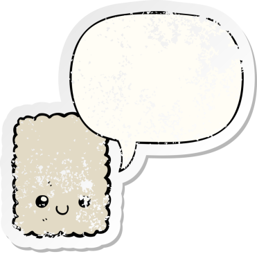 Konuşma balonlu çizgi film bisküvisi bir insan tarafından çizilmiş sıkıntılı eski bir çıkartma