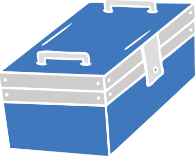 Metal bir alet kutusunun insan eliyle çizilmiş karikatürü.