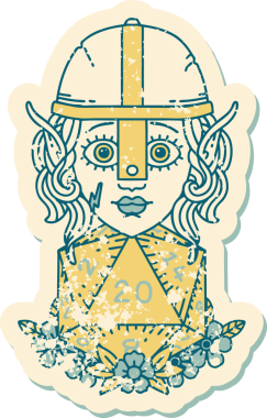 Retro Tattoo stili elf dövüşçüsü. Bir insan tarafından çizilmiş 20 zar ile.