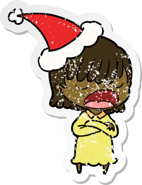 Bir insan tarafından çizilmiş Noel Baba şapkasıyla yüksek sesle konuşan bir kadının el çizimi karikatürü.