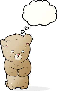 Bir insan tarafından çizilmiş düşünce baloncuğu olan sevimli çizgi film ayısı.