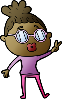 Bir insan tarafından çizilmiş barış işareti yapan çizgi film kadını.