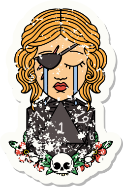 Bir insan tarafından çizilmiş doğal bir d20 rulo ile ağlayan bir insan haylaz etiketi.