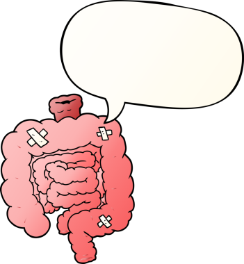 cartoon repaired intestines with speech bubble in smooth gradient style drawn by a human