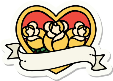 Geleneksel kalp stili dövme çıkartması ve bir insan tarafından çizilmiş çiçekli pankart.