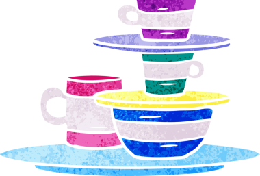 Bir insan tarafından çizilmiş renkli kâseler ve tabaklar çizilmiş retro karikatür.