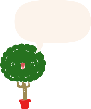 cartoon happy tree with speech bubble in retro style drawn by a human