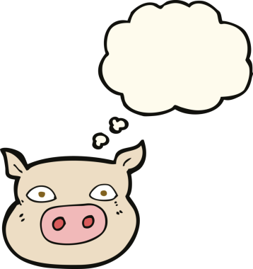 Bir insan tarafından çizilmiş düşünce baloncuğu olan domuz suratlı çizgi film.