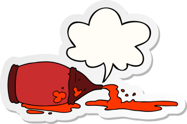 cartoon spilled ketchup bottle with speech bubble sticker drawn by a human