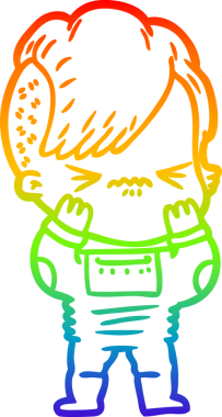 Gökkuşağı gradyan çizgi çizimi. Bir insan tarafından çizilmiş uzay elbisesi giymiş sinirli bir hippi kız çizimi.