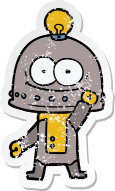 Bir insan tarafından çizilmiş ampullü mutlu bir robot çıkartması.