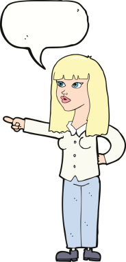 Bir insan tarafından çizilmiş konuşma baloncuğuyla işaret eden güzel bir kadın.