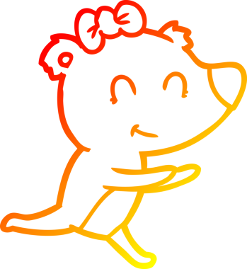 warm gradient line drawing of a running female bear cartoon drawn by a human