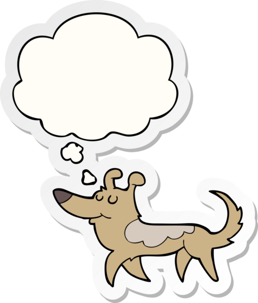 İnsan tarafından çizilmiş bir çıkartma olarak düşünce baloncuğu olan çizgi film köpeği.