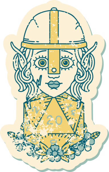 Retro Tattoo stili elf dövüşçüsü. Bir insan tarafından çizilmiş 20 zar ile.