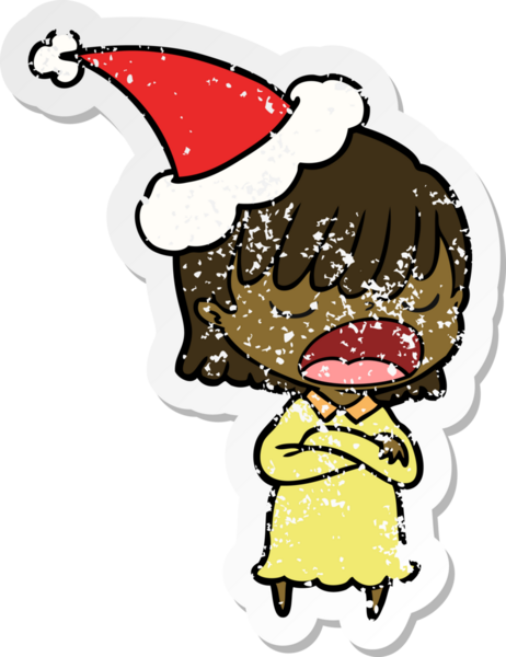 Bir insan tarafından çizilmiş Noel Baba şapkasıyla yüksek sesle konuşan bir kadının el çizimi karikatürü.