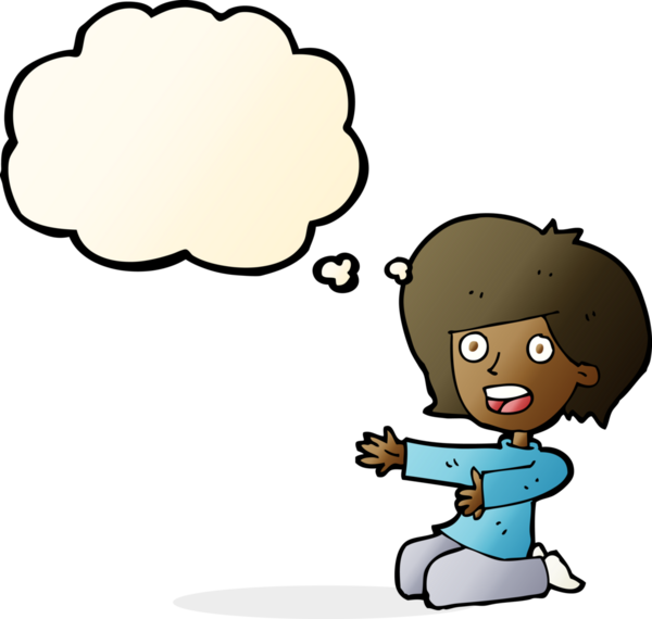 Bir insan tarafından çizilmiş düşünce baloncuğuyla dizlerinin üstünde şok olmuş bir kadın.