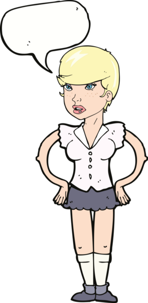 Bir insan tarafından çizilmiş konuşma balonlu elleri olan çizgi film kadını.