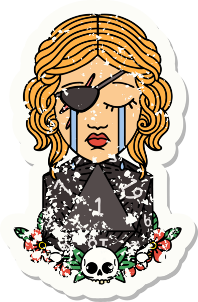 Bir insan tarafından çizilmiş doğal bir d20 rulo ile ağlayan bir insan haylaz etiketi.