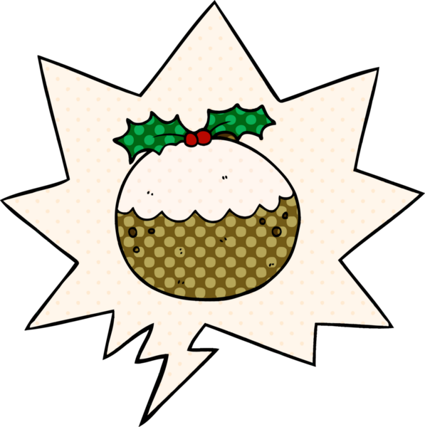 Bir insan tarafından çizilmiş, çizgi roman tarzında konuşma balonlu Noel pudingi.