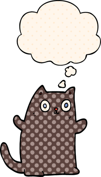 Çizgi roman tarzında düşünce baloncuğu olan çizgi film kedisi insan tarafından çizilmiş.