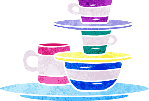 Bir insan tarafından çizilmiş renkli kâseler ve tabaklar çizilmiş retro karikatür.