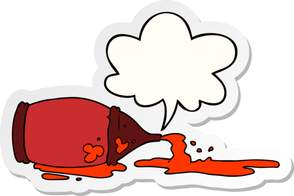 cartoon spilled ketchup bottle with speech bubble sticker drawn by a human