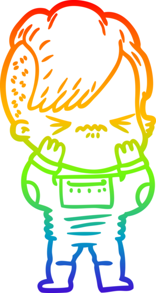 Gökkuşağı gradyan çizgi çizimi. Bir insan tarafından çizilmiş uzay elbisesi giymiş sinirli bir hippi kız çizimi.