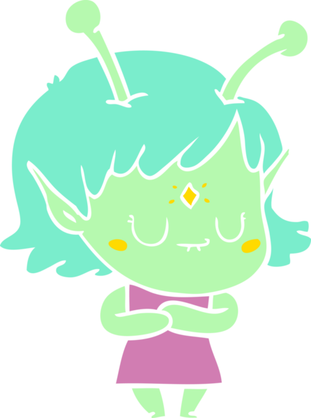 Bir insan tarafından çizilmiş düz renkli uzaylı kız çizgi filmi.