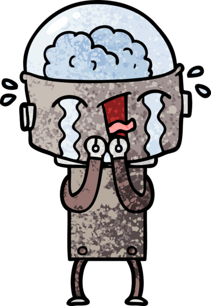 Bir insan tarafından çizilmiş ağlayan robot çizgi film.