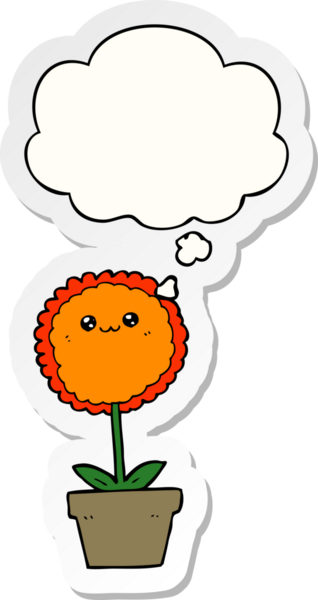 Düşünce baloncuklu karikatür çiçeği insan tarafından çizilmiş bir çıkartma gibi.